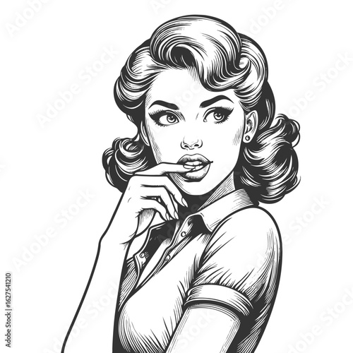 pinup-style woman with voluminous curls and a flirtatious finger-on-lips expression sketch engraving generative ai fictional character vector illustration. Scratch board imitation. Black and white.