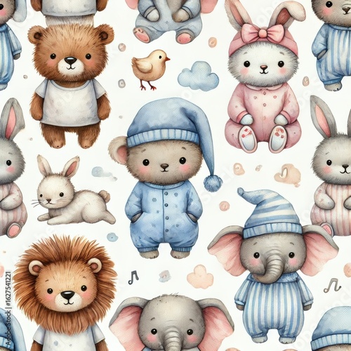 Seamless pattern with cartoon animals wearing pajamas including bear, bunny, lion, elephant, chick, and mouse. Watercolor illustration for children.