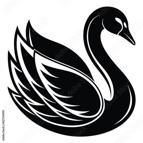 Black silhouette of a swan with stylized feathers and elegant curves white bird