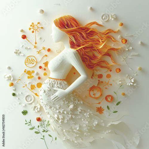 Graceful pregnant figure in paper sculpture style with botanical details and soft colors. Vector illustration