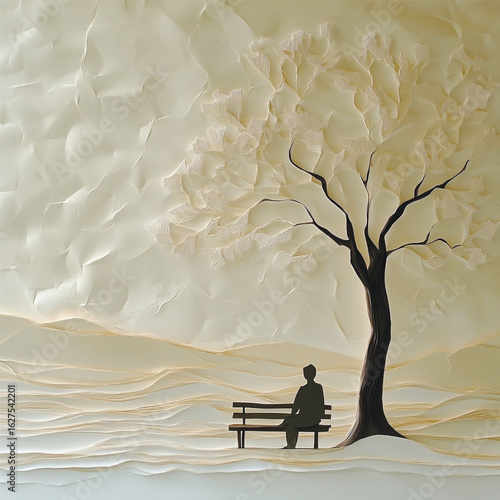  Serene paper art scene of a man resting under a blooming tree, symbolizing calm. Vector illustration