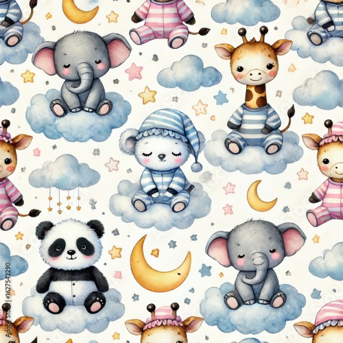Seamless pattern with cartoon animals in pajamas sitting on clouds including elephant, giraffe, panda, and koala surrounded by stars and moons. Watercolor illustration for children.