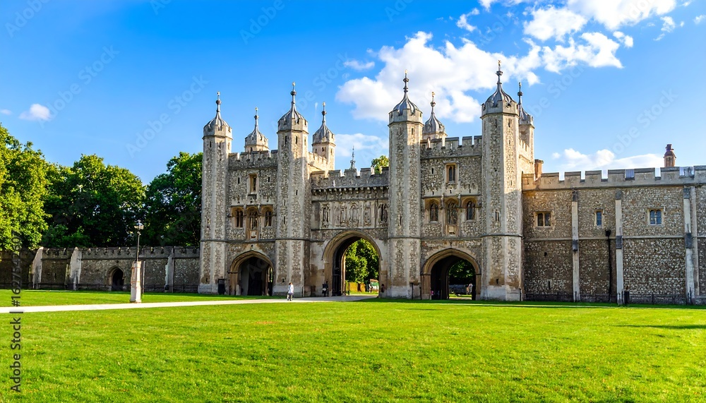 Fototapeta premium Ancient stone gatehouse, lush green lawn