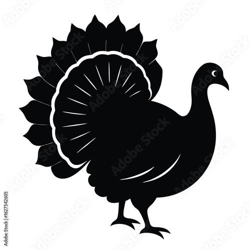 Black silhouette of a turkey with fanned tail feathers white bird 1