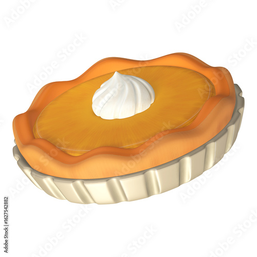 A appetizing 3D pumpkin pie slice is served on a white plate, featuring a thick filling and a contrasting dollop of whipped cream.
