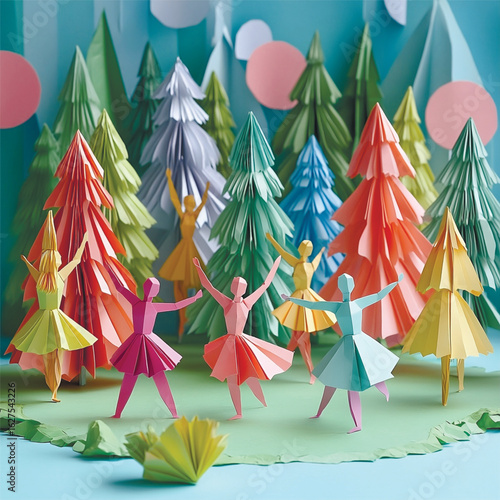  Origami-style dancers in vibrant forest setting, capturing energy and celebration. Vector illustration