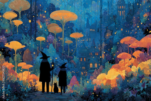 An enchanted forest at dusk on Halloween night