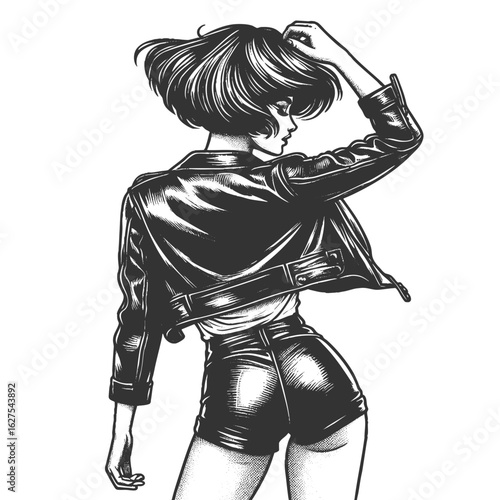 woman in short leather jacket and tight shorts poses with attitude sketch engraving generative ai fictional character vector illustration. Scratch board imitation. Black and white image.