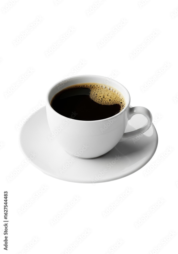 transparent ceramic coffee cup with dark black coffee and light brown crema on matching saucer, isolated on a transparent background with bright diffuse lighting and no shadows, premium product transparent ceramic coffee cup with dark black coffee and light brown crema on matching saucer, isolated on a transparent background with bright diffuse lighting and no shadows, premium product