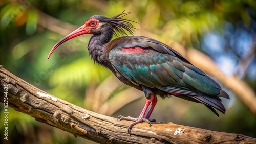 Northern Bald Ibis Perched on Branch, Vibrant Plumage, Wildlife Photography