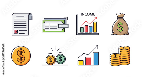 Financial icons representing money income and economic concepts