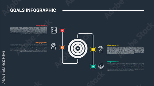 Goals target infographic process diagram with big circle center and line opposite up and down wave with dark background bright outline style and 4 points