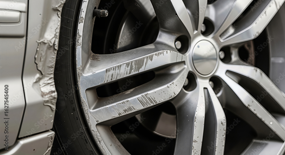 Close up of a car wheel rim with damage and scratches after an accident. Broken vehicle tire and metal disc needing repair or replacement. Car service and auto maintenance concept. Close up of a car wheel rim with damage and scratches after an accident. Broken vehicle tire and metal disc needing repair or replacement. Car service and auto maintenance concept.