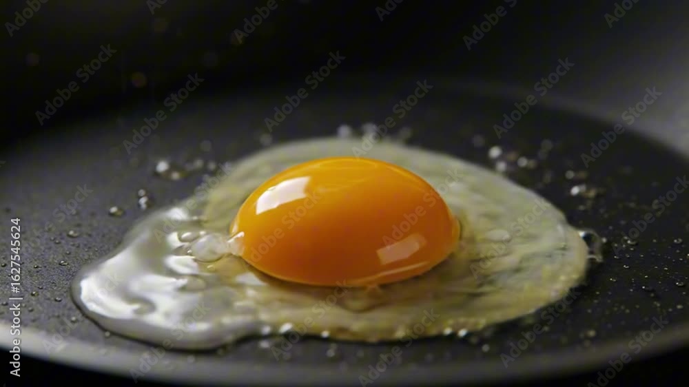 Egg frying in a black pan bright yellow yolk resting on a small pool of clear egg white Tiny oil droplets dot the pans surface Egg frying in a black pan bright yellow yolk resting on a small pool of clear egg white Tiny oil droplets dot the pans surface