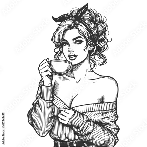pinup-style woman with voluminous hair, holding a steaming coffee cup and saucer confidently sketch engraving generative ai fictional character vector illustration. Scratch board. Black and white.