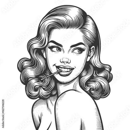 woman smiling playfully with a lollipop in her mouth, embodying charm and flirtation sketch engraving generative ai fictional character vector illustration. Scratch board. Black and white image.