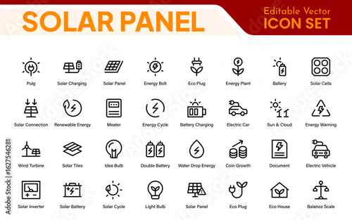Solar panel color icon set with sun power photovoltaic (PV) home system and renewable electric energy technology glyph symbols: off the grid (OTG), inverter, charge controller, battery, meter.