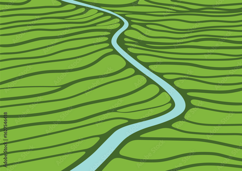 Fototapeta premium Winding river flowing through green terraced fields and rice paddies, aerial view. Agricultural landscape background with natural waterway and farm land.