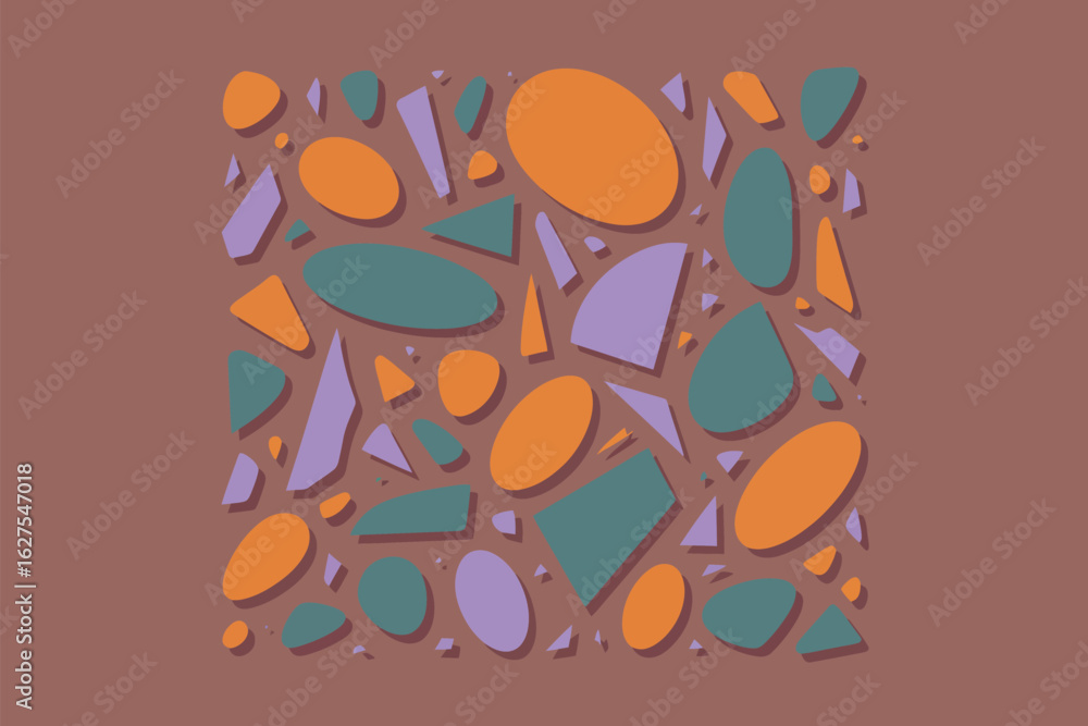Naklejka premium Abstract pattern with orange teal and purple shapes on a brown background in a square formation