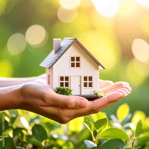 A small white house held gently in two hands, surrounded by greenery and sunlight