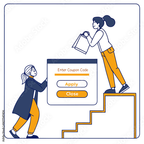 Two women interacting with a coupon code interface on a stair step design in a simple vector illustration