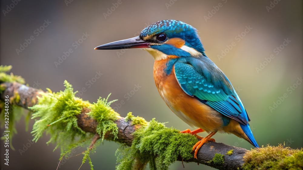 Vibrant Male Common Kingfisher Perched on Mossy Branch, Detailed Close-Up, Serene Nature Scene Vibrant Male Common Kingfisher Perched on Mossy Branch, Detailed Close-Up, Serene Nature Scene
