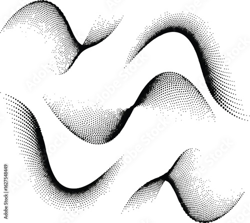 Abstract flowing lines and curves created with fine dots and textures isolated on transparent background