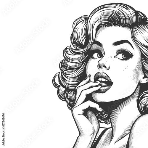 pinup-style woman with voluminous curls and a flirtatious finger-on-lips expression sketch engraving generative ai fictional character vector illustration. Scratch board imitation. Black and white.