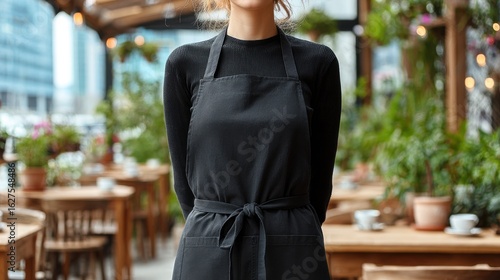 A woman in a black apron mockup in a local city restaurant