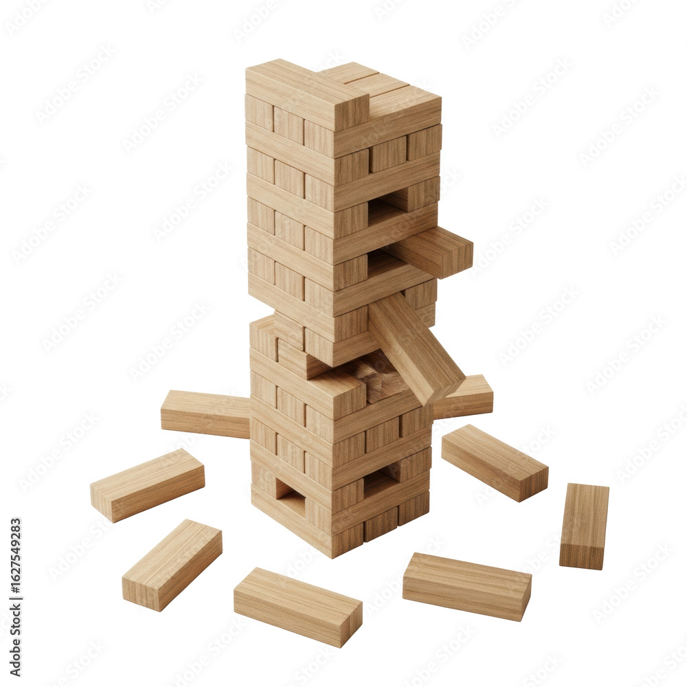 A meticulously constructed jenga tower of light brown wooden blocks stands precariously on a plain white studio background, with scattered blocks, concept of delicate balance and challenge A meticulously constructed jenga tower of light brown wooden blocks stands precariously on a plain white studio background, with scattered blocks, concept of delicate balance and challenge
