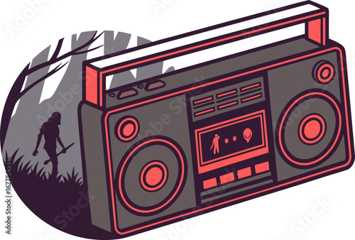 Illustration of a boombox overlaying a forest scene with a figure holding a spear walking through it