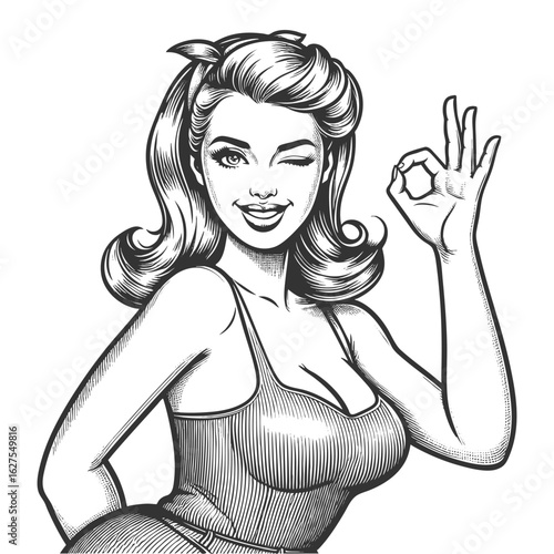 smiling woman winking and making an OK sign sketch engraving generative ai fictional character vector illustration. Scratch board imitation. Black and white image.
