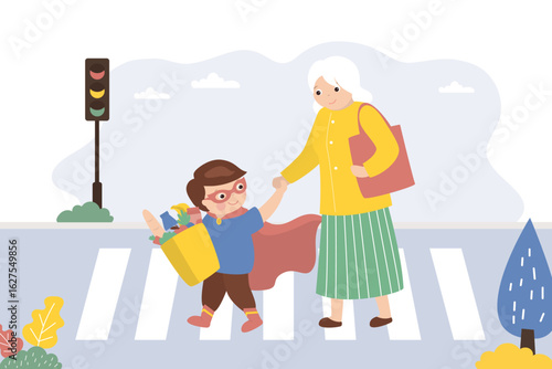 People cross road at crosswalk. Pedestrian safety, people follow rules of road. Little boy helping grandmother carry shopping bags. Boy helper and aged woman.