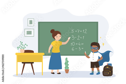 Teacher explains math. African american schoolboy stands at blackboard and solves mathematical examples. Math lesson, smart student calculate.