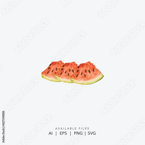 Three vibrant slices of fresh, juicy watermelon with visible seeds, Colorful vector graphic of watermelon slices, Simple and appealing cartoon illustration of watermelon slices