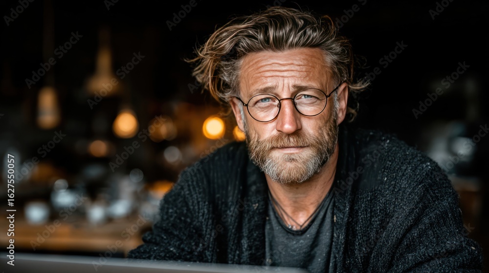 Fototapeta premium Busy serious older mature middle-aged man wearing glasses looking at a computer, sitting at a home table, using a laptop, hybrid working online, e-learning, Browse the web