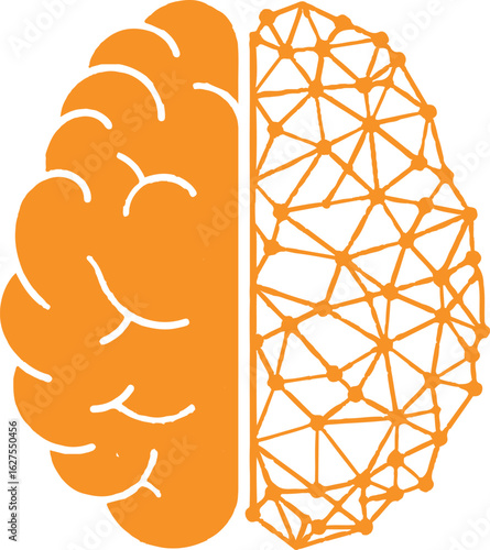 Stylized human brain illustration showing one half as organic and the other as a digital network isolated on transparent background