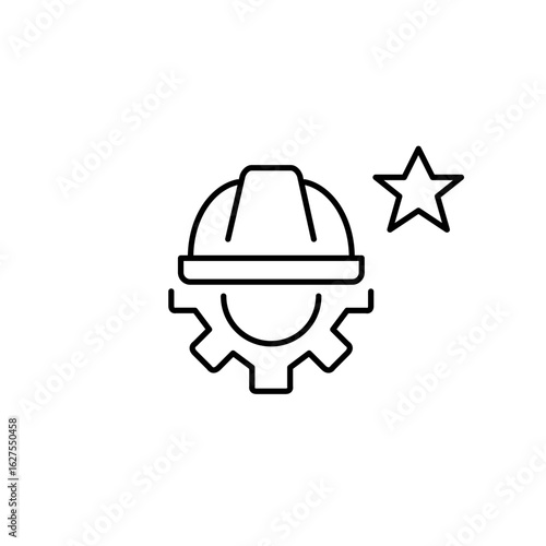 Hard hat, a cogwheel, and a star. Construction, engineering, safety, or standout technical expertise. Pixel perfect, editable stroke vector icon