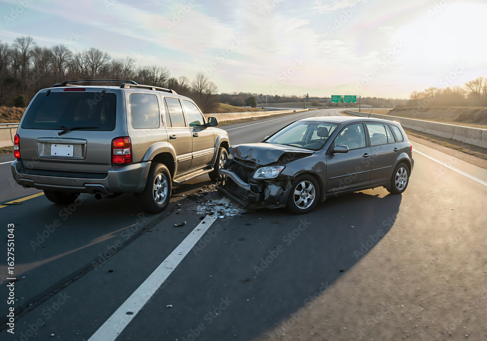 Two damaged cars involved in a road accident on a highway. Auto vehicles with crushed front and rear bumpers after a crash. Unfortunate incident on the road. Two damaged cars involved in a road accident on a highway. Auto vehicles with crushed front and rear bumpers after a crash. Unfortunate incident on the road.