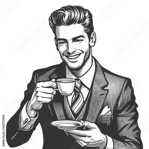 smiling man in a suit holding a coffee cup and saucer, exuding charm and sophistication sketch engraving generative ai fictional character vector illustration. Scratch board. Black and white image.