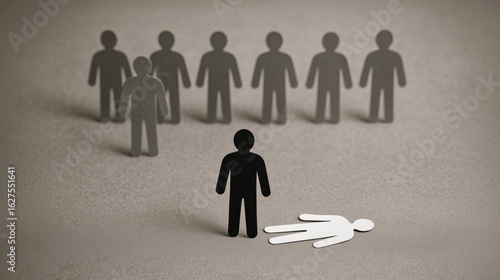 Abstract Representation of the Bystander Effect: Standing Figures Observing a Fallen One, Symbolizing Inaction in a Group — Diffusion of Responsibility, Law and Ethics, Interpersonal Relationships