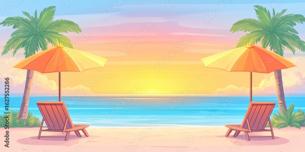 Obraz premium Tropical beach sunset paradise illustration landscape. Vacation and relaxation on the ocean, colorful summer coastline. Idyllic destination, serene nature, outdoor resort, peaceful holiday, artistic