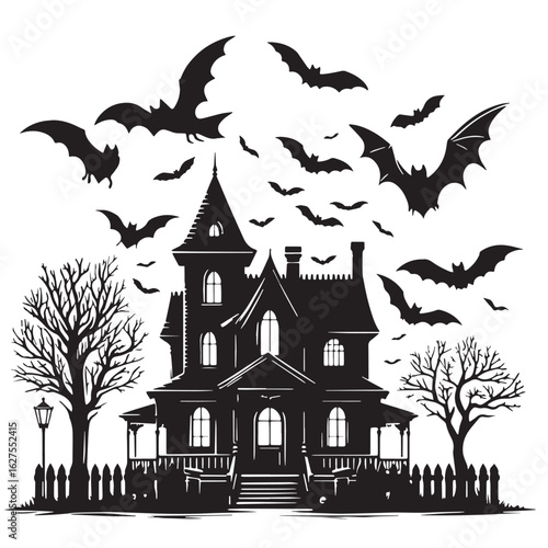 black House with bats flying Silhouette Vector, High Quality Illustration on White Background