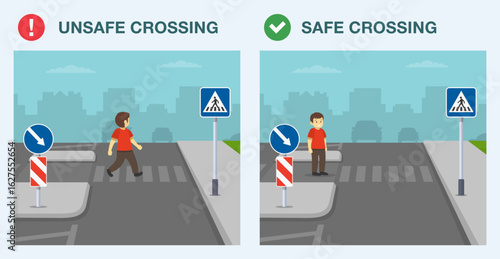 Pedestrian safety rules and tips. Safe and unsafe road crossing. Zebra crossing with a central island. Boy crossing the street on crosswalk. Flat vector illustration template.