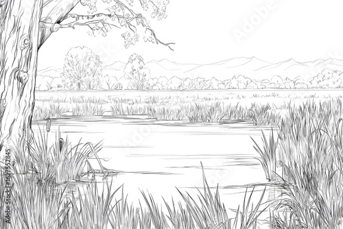 Wallpaper Mural Peaceful landscape drawing of a marsh with a large tree. Torontodigital.ca