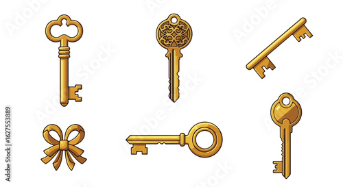 Gold keys and bow collection isolated on white background