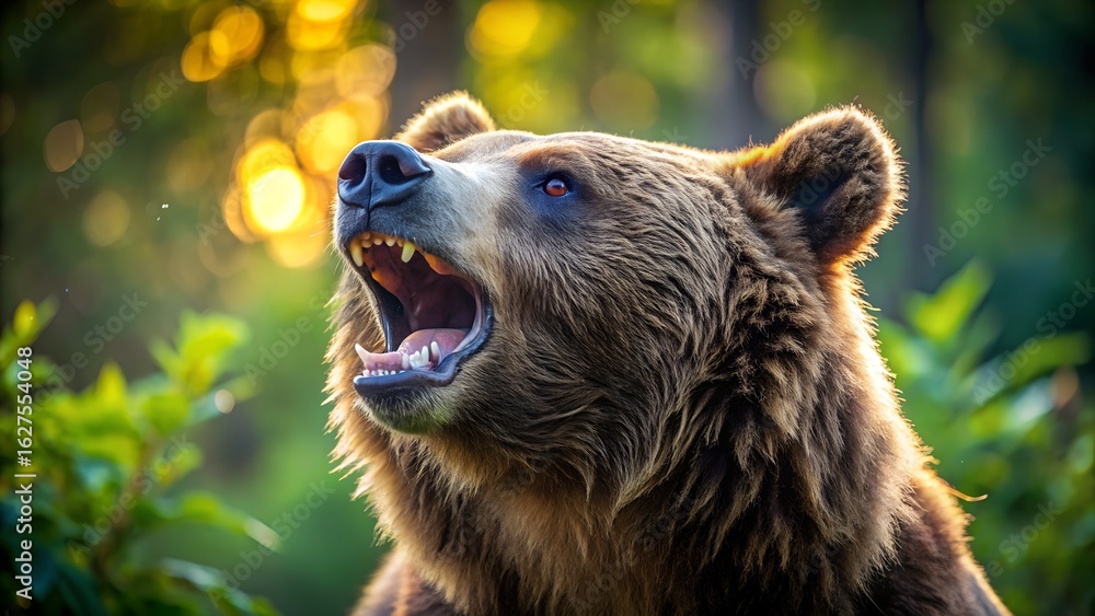 Obraz premium Grizzly Bear Roaring at Sunset: Majestic Wildlife Portrait, Dramatic Lighting, Intense Mood