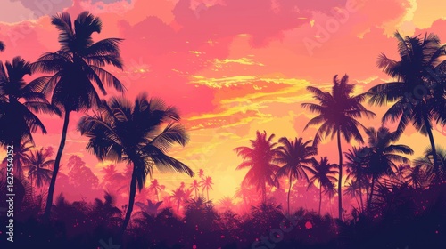 Palm trees silhouetted against a vibrant sunset sky with pink and orange hues casting a warm glow