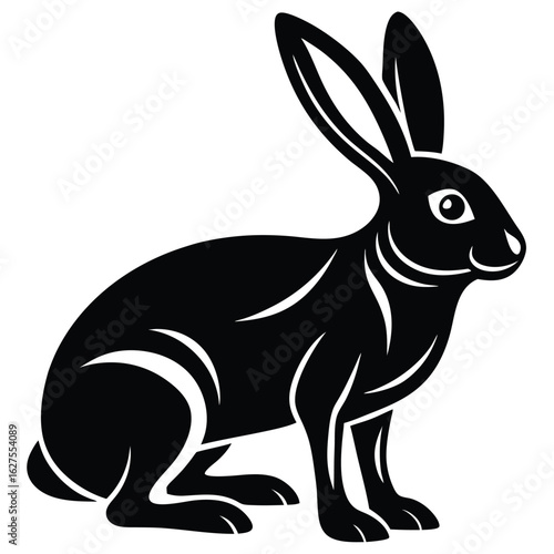 Black jackrabbit silhouette with stylized curves on white background hare