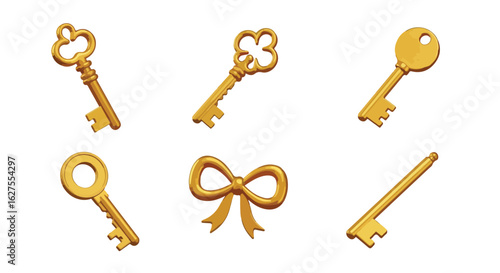 Golden keys and decorative bow on white background